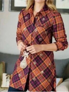 Soft Surroundings Orange and Purple Plaid Long Sleeve Tunic
